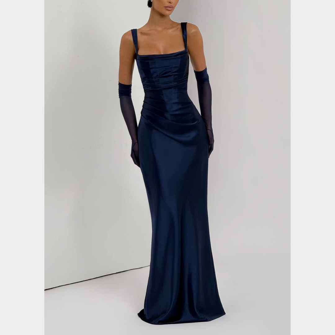 Women Slim Fit Satin Maxi Dress – Elegant Long Dress with Pleated Bodice Square Neckline and Lace Up Back – Multiple Colours