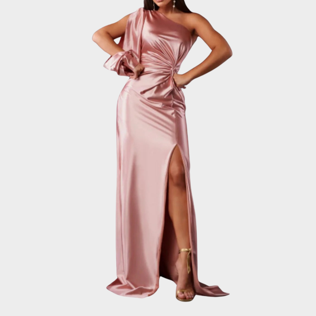 Women Evening Maxi Dress – Elegant Party Long Dress with Backless Split Design and Diagonal Collar Tight Waist Silhouette – Multiple Colours