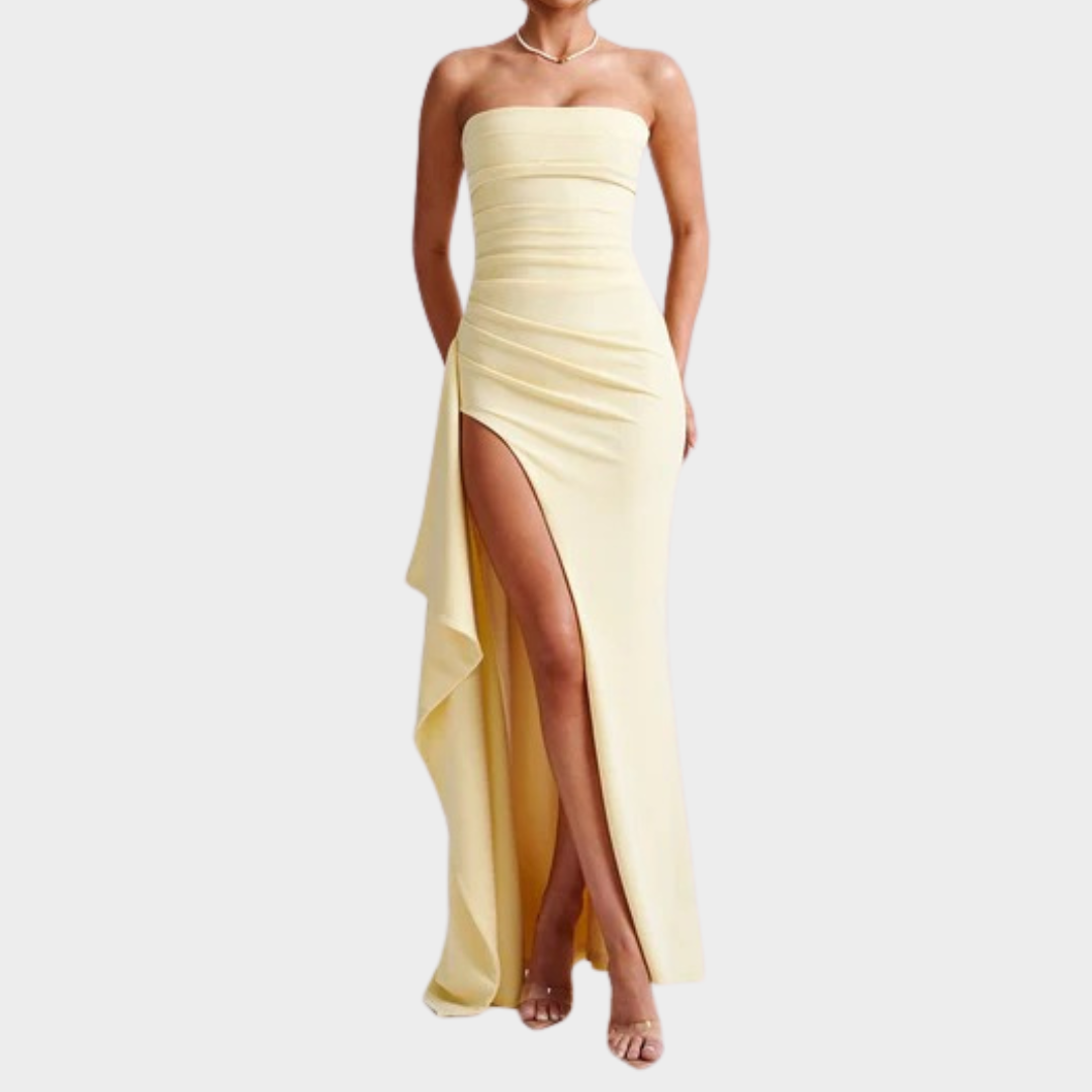 Women’s Maxi Dress – Strapless Bodycon Fit with Pleated Bust, Thigh High Split and Draped Detail in Luxury Stretch Crepe – Multiple Colours