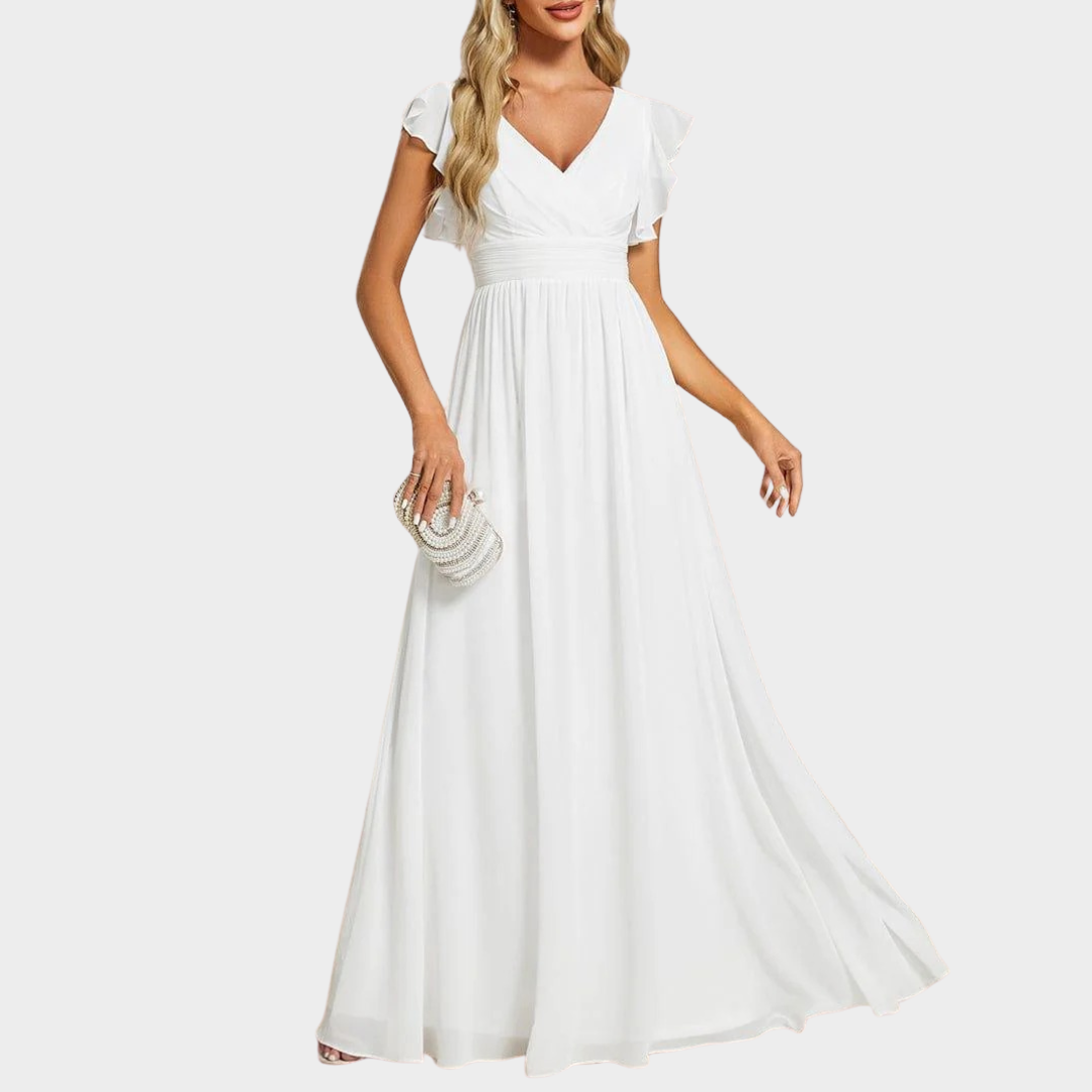 Women’s V-Neck Bridesmaid Dress – Elegant Chiffon Gown with Ruffled Sleeves and Open Back – Multiple Colours