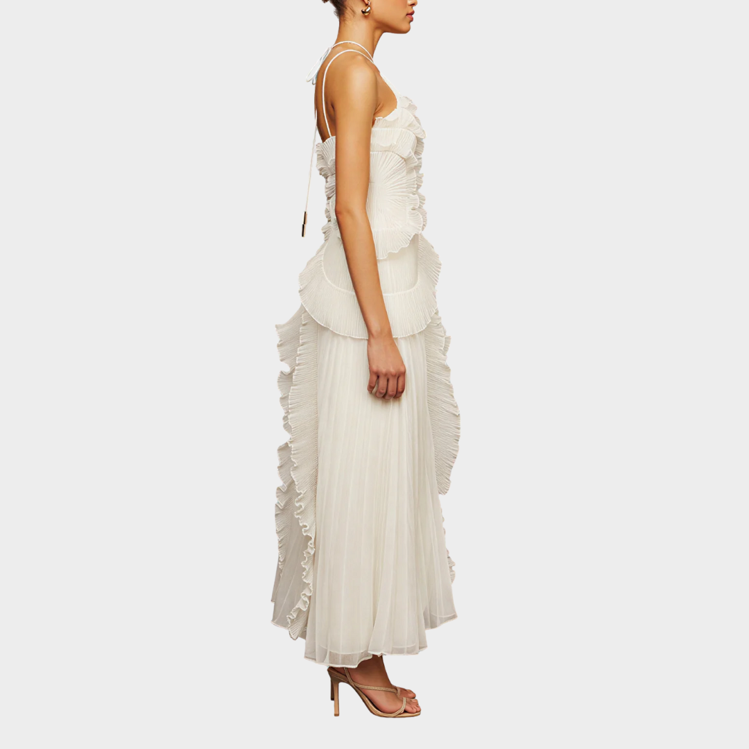 Women Pleated Frill Halter Neck Maxi Dress – Elegant Sleeveless High Stretch Dress with Asymmetrical Hem and Flowing Pleated Texture – Multiple Colours