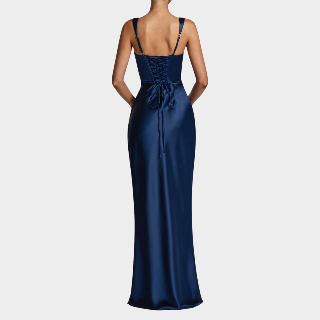 Women Slim Fit Satin Maxi Dress – Elegant Long Dress with Pleated Bodice Square Neckline and Lace Up Back – Multiple Colours