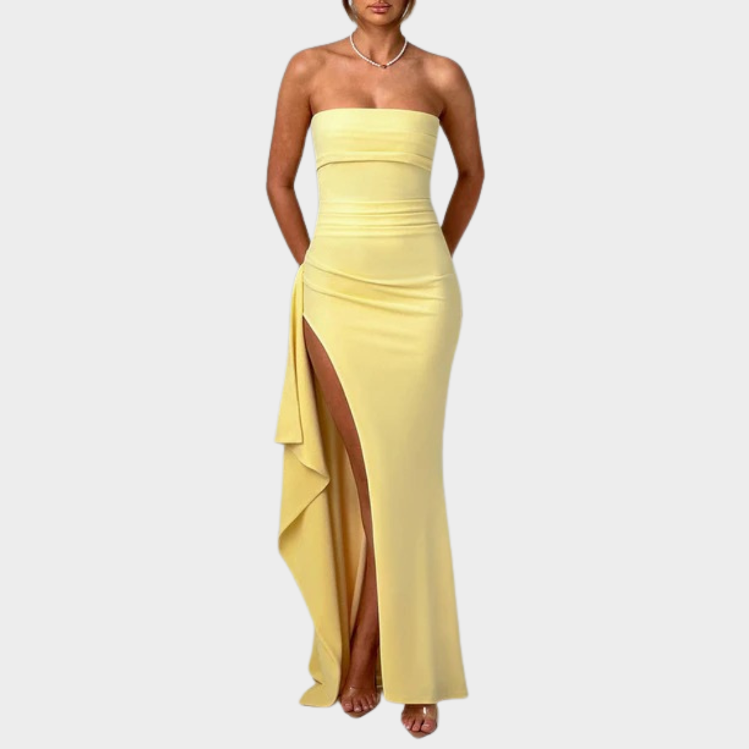 Women’s Maxi Dress – Strapless Bodycon Fit with Pleated Bust, Thigh High Split and Draped Detail in Luxury Stretch Crepe – Multiple Colours