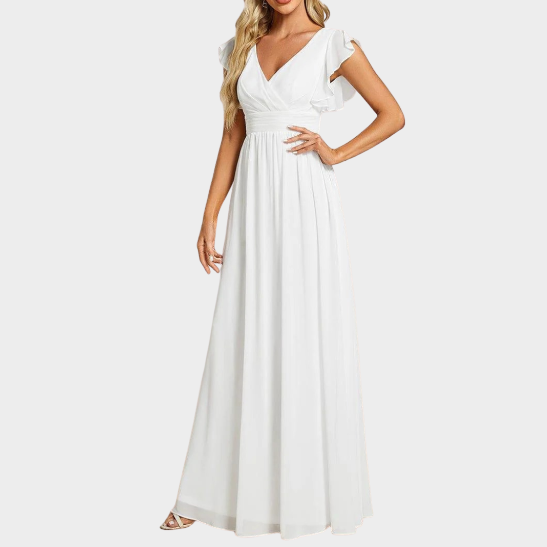 Women’s V-Neck Bridesmaid Dress – Elegant Chiffon Gown with Ruffled Sleeves and Open Back – Multiple Colours
