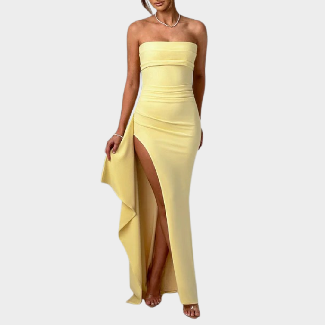 Women’s Maxi Dress – Strapless Bodycon Fit with Pleated Bust, Thigh High Split and Draped Detail in Luxury Stretch Crepe – Multiple Colours