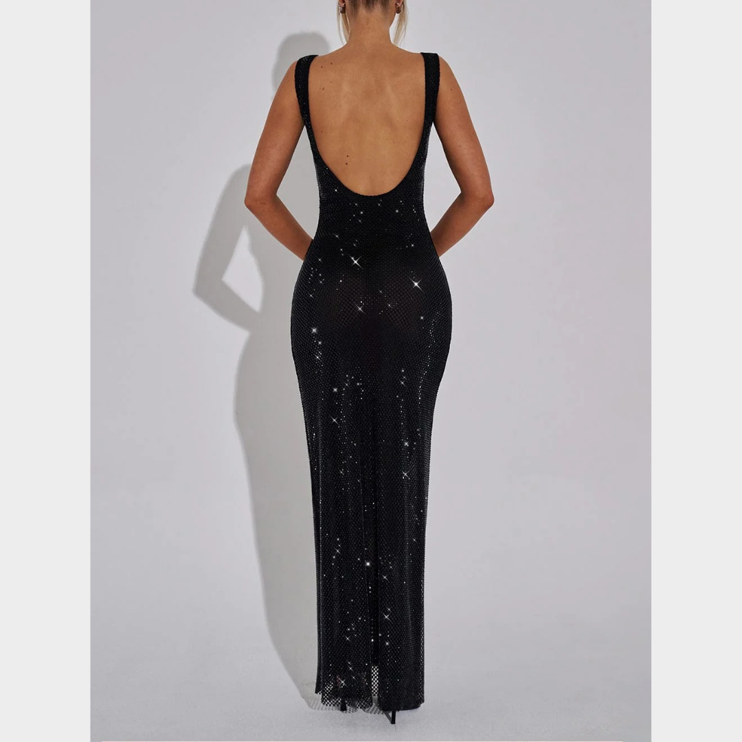 Women Petra Maxi Dress – Elegant Evening Long Dress with Rhinestone Embellished Stretch Net and Square Neckline – Multiple Colours
