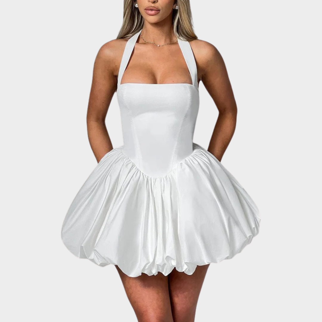 Women’s Mini Dress – Square Halter Neckline – Puffball Skirt – Lace Up Back – Princess Seam Detailing – Premium Cotton Blend – Multiple Colours