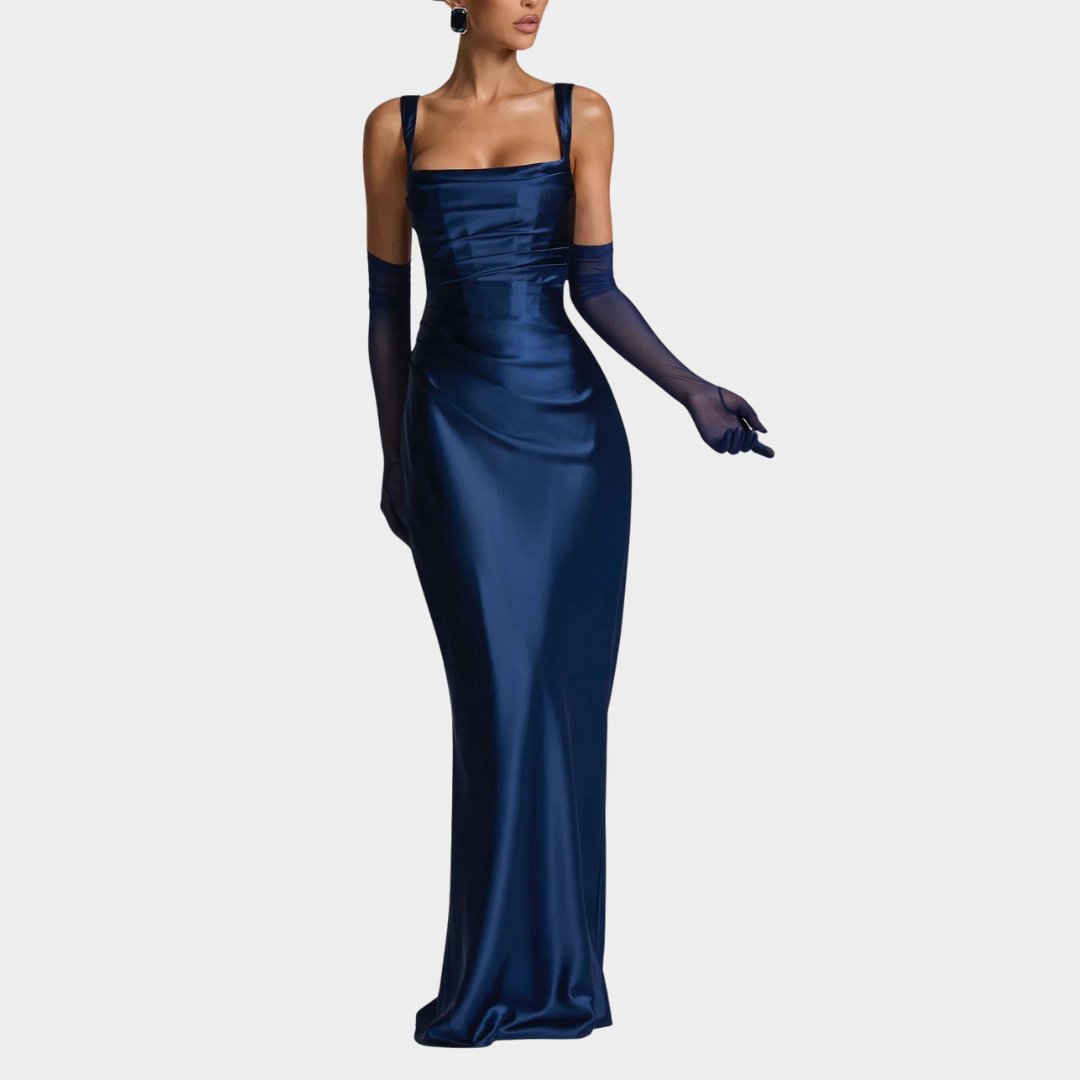 Women Slim Fit Satin Maxi Dress – Elegant Long Dress with Pleated Bodice Square Neckline and Lace Up Back – Multiple Colours