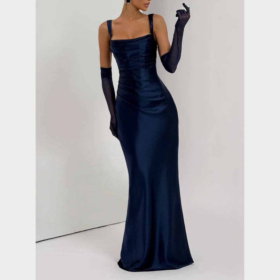 Women Slim Fit Satin Maxi Dress – Elegant Long Dress with Pleated Bodice Square Neckline and Lace Up Back – Multiple Colours