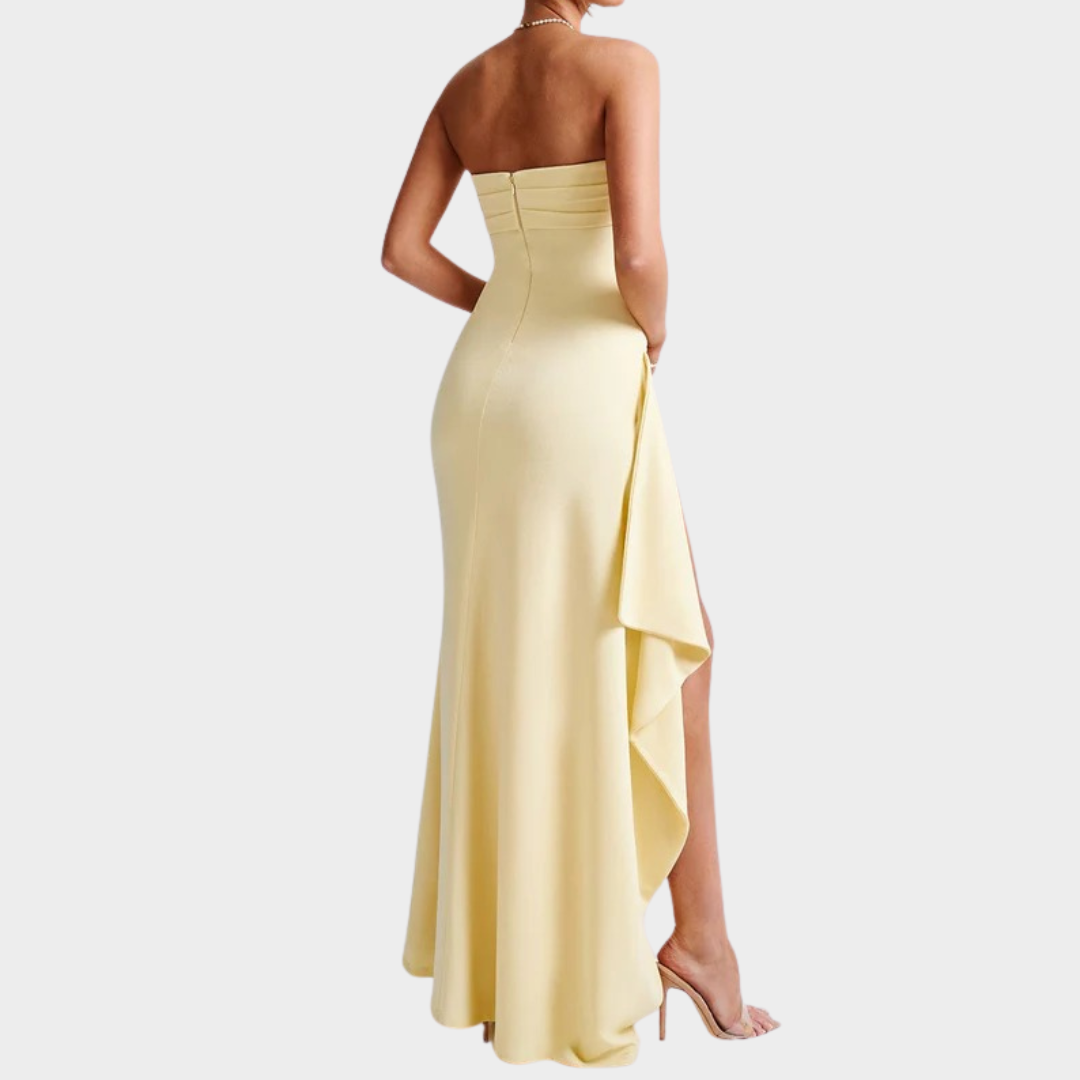 Women’s Maxi Dress – Strapless Bodycon Fit with Pleated Bust, Thigh High Split and Draped Detail in Luxury Stretch Crepe – Multiple Colours