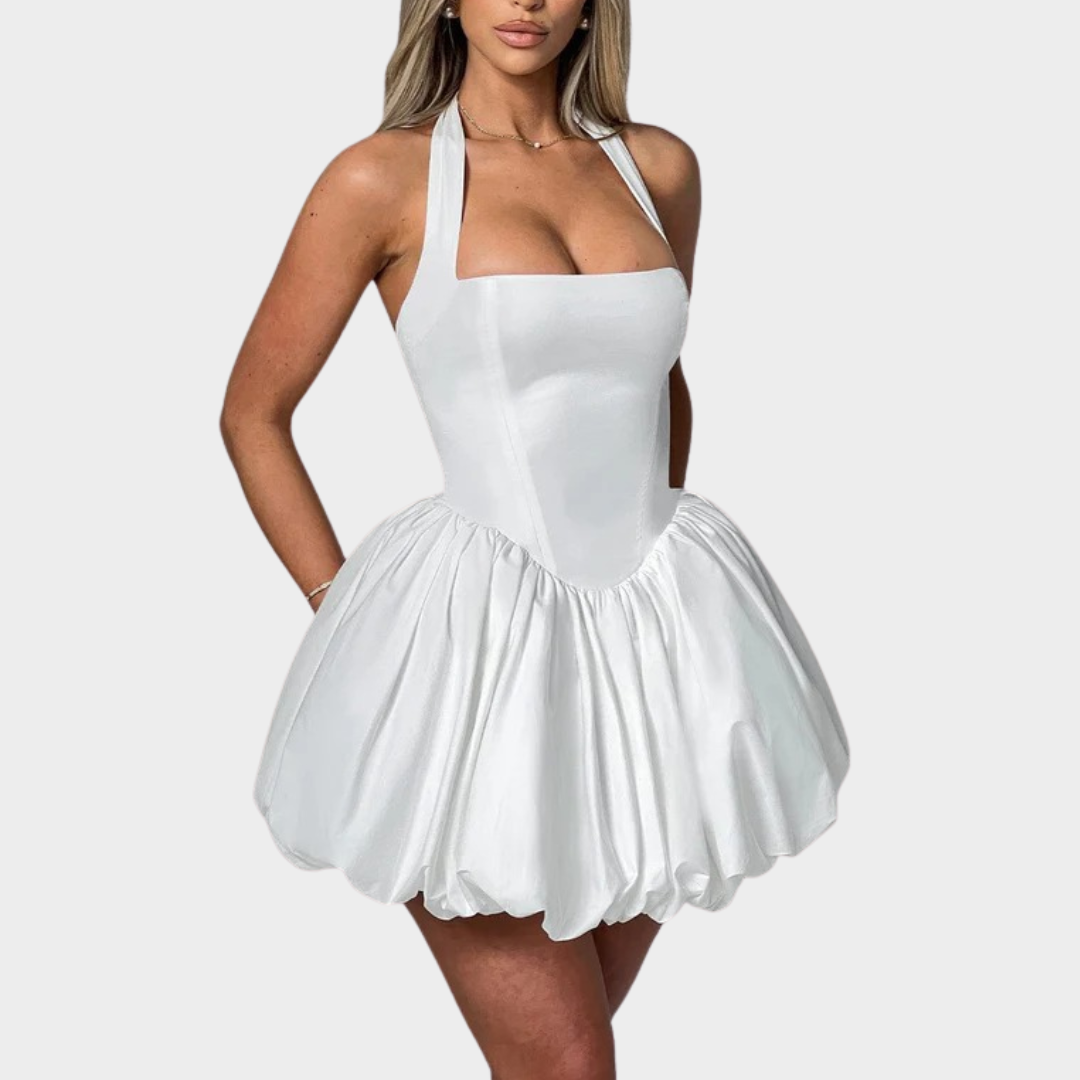 Women’s Mini Dress – Square Halter Neckline – Puffball Skirt – Lace Up Back – Princess Seam Detailing – Premium Cotton Blend – Multiple Colours