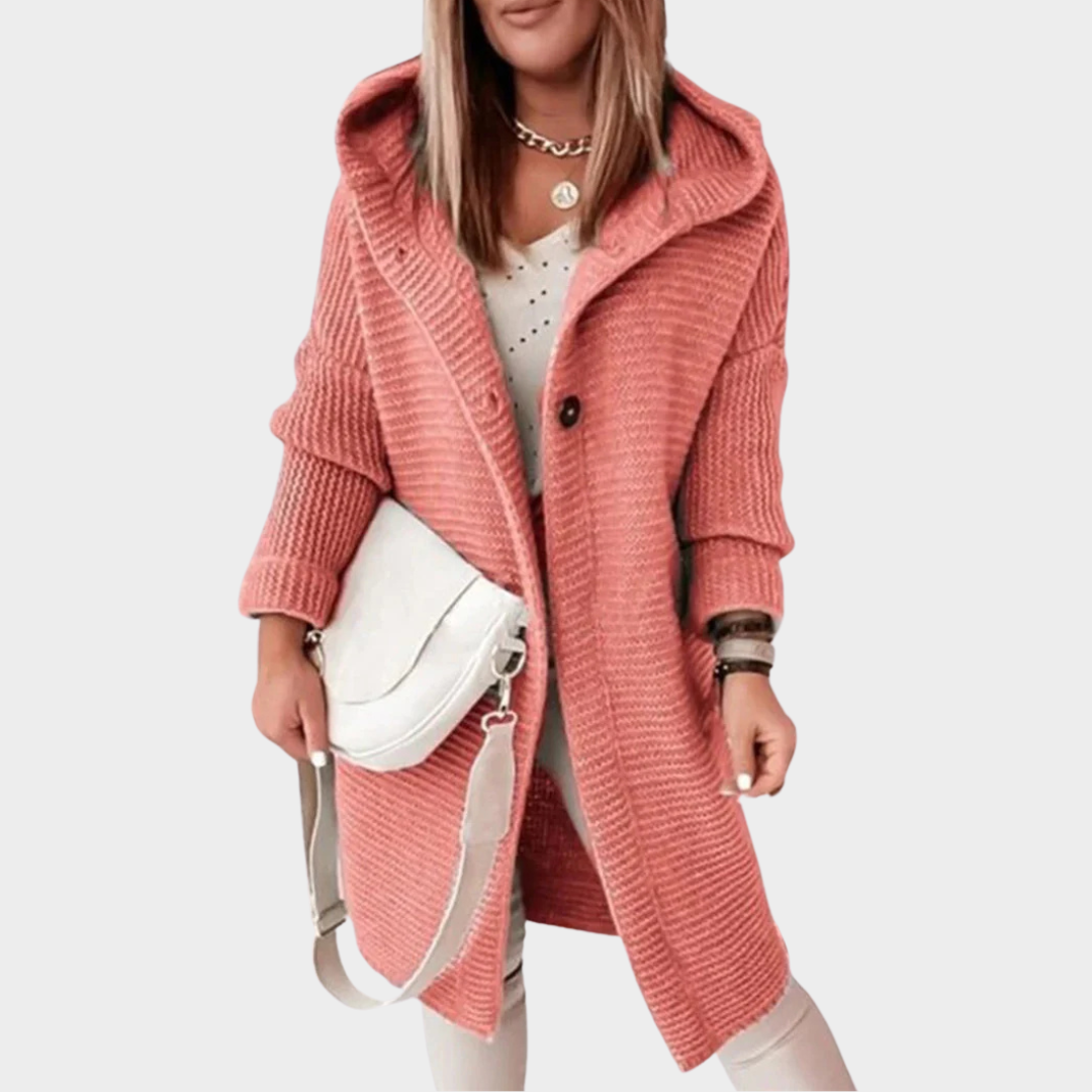 Women's Hooded Knit Cardigan Jacket – Button Front – Long Sleeve Loose Fit – Casual Outerwear – Multiple Colours