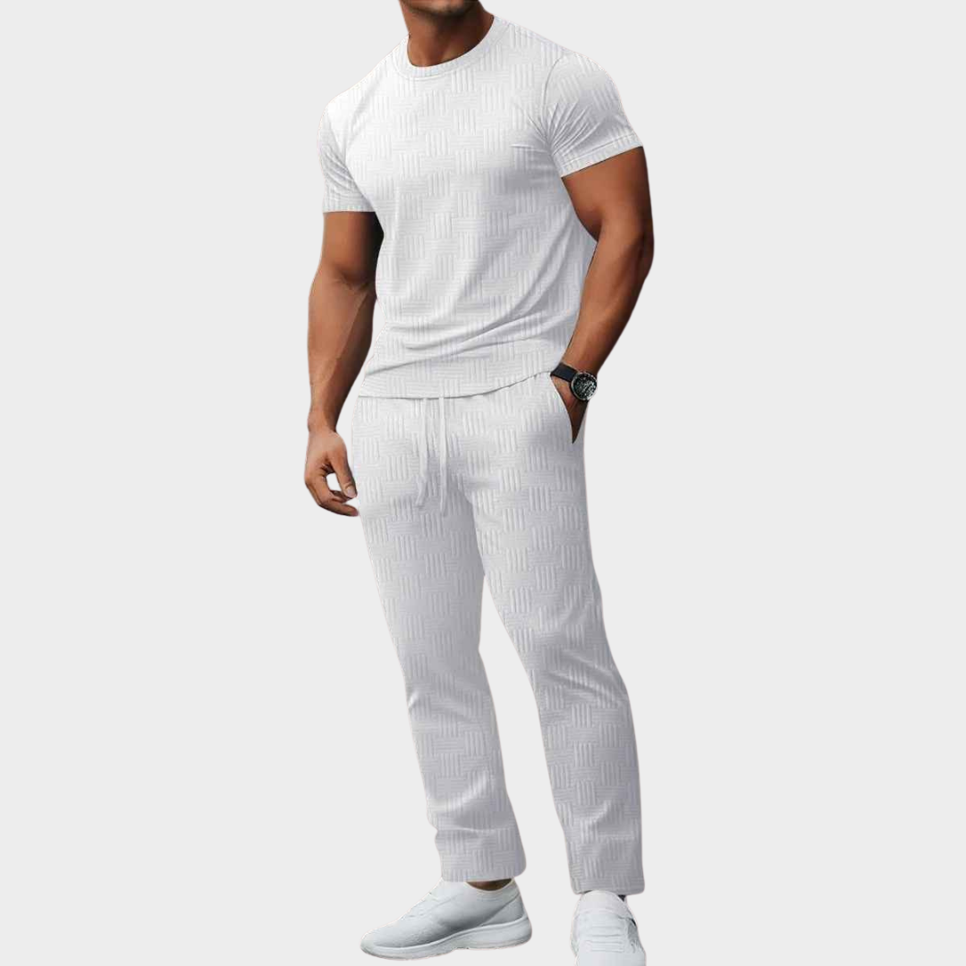 Men's Co-Ord Set – Striped Jacquard Round Neck Short Sleeve T-Shirt with Solid Colour Loose Long Pants – Multiple Colours