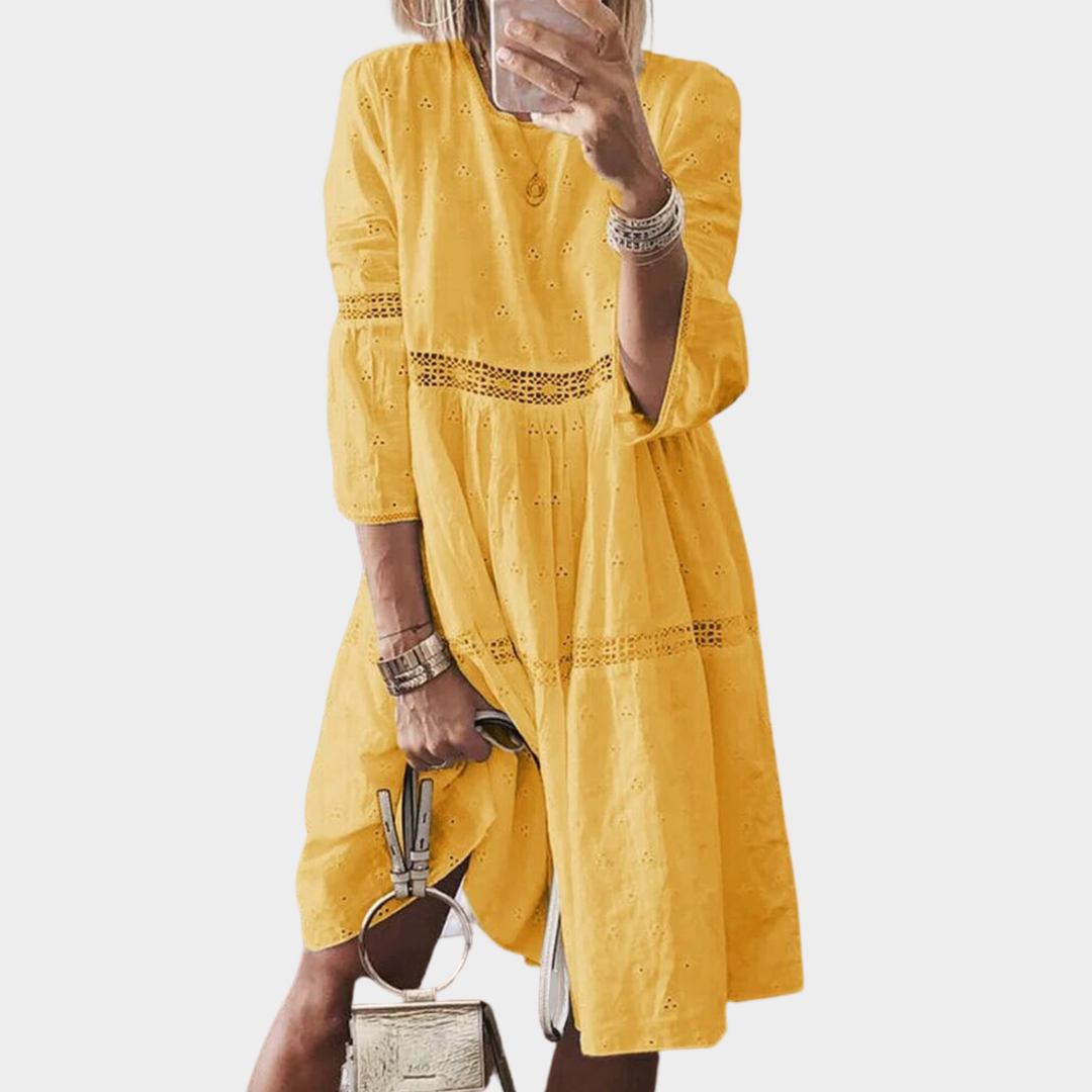 Women's Lace Embroidered Knee-Length Dress – Hollow Splicing – Elegant Seven Sleeve Fit – Multiple Colours