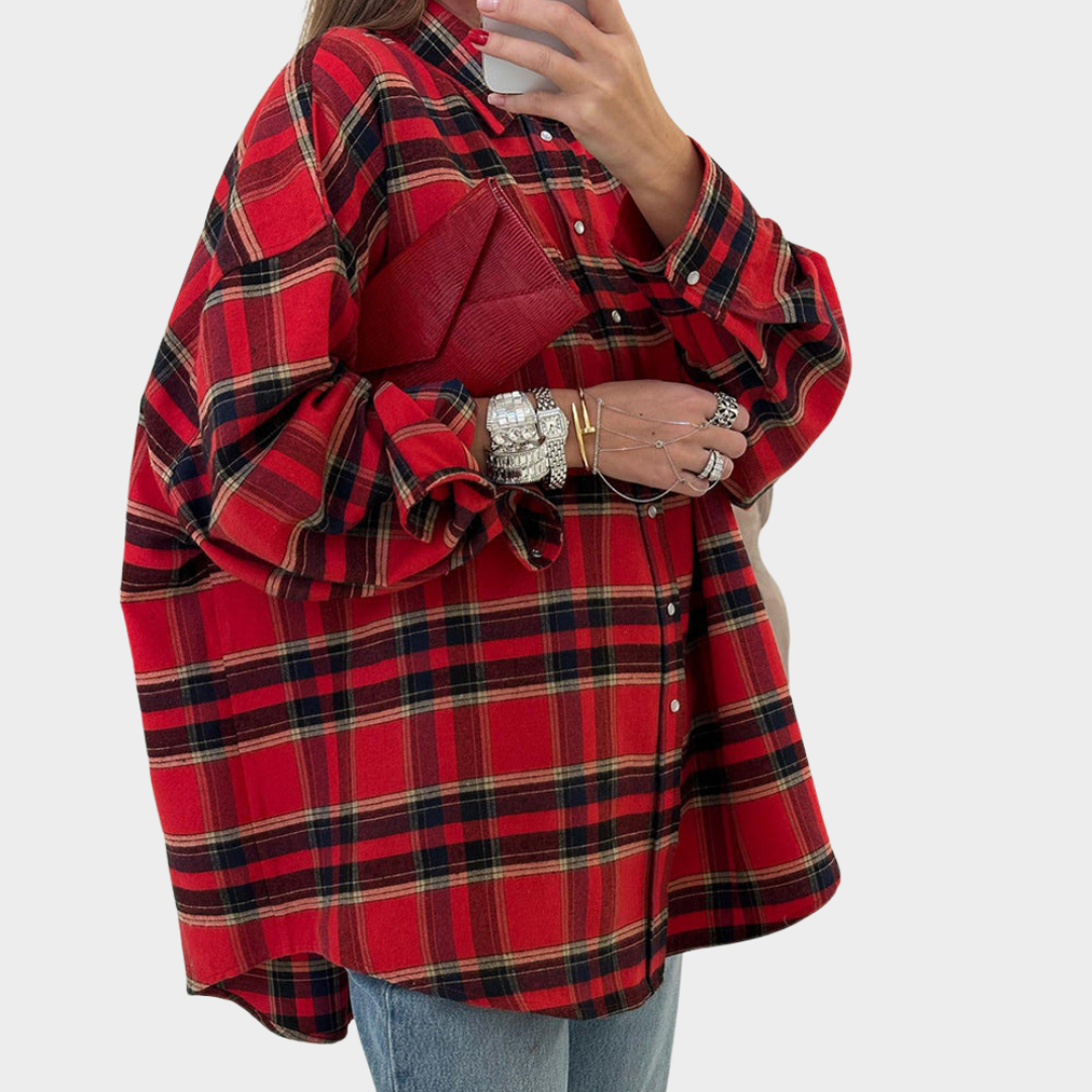 Women’s Retro Plaid Loose-Fitting Shirt – Long-Sleeved Lapel Shirt – Soft Fabric – Multiple Colours