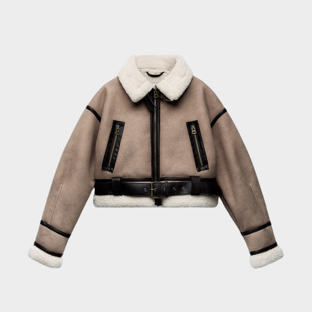 Women’s Retro Faux Leather Short Coat – Loose Fit, Soft Fur Lining, Zipper Belt Jacket (Khaki)