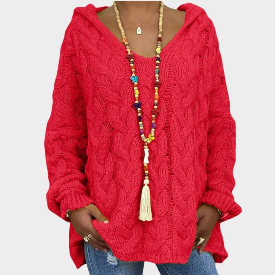 Women’s Hooded V-Neck Knitted Sweater - Long Sleeve, Twist Knit, Solid Color Loose Pullover, Red, Green, and More