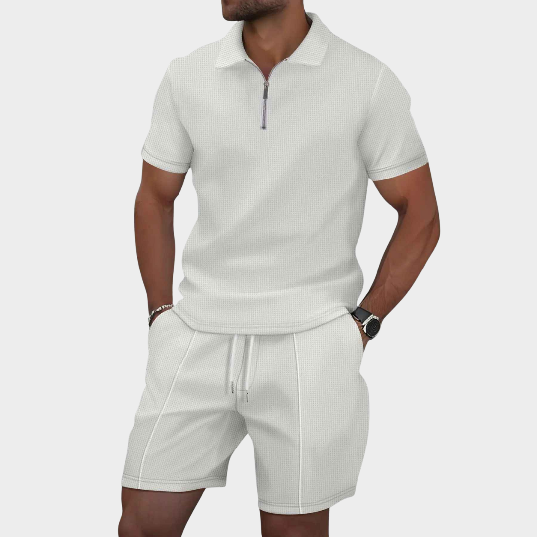Men's Co-Ord Set – Slim Fit Waffle Zip-Up Lapel Short Sleeve Shirt with Matching Shorts – Multiple Colours