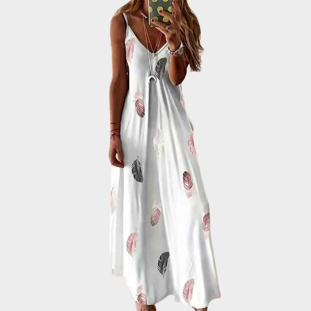 Women Feather Print Maxi Dress – Casual V-Neck Stretch Fit Lightweight Material – Multiple Colours