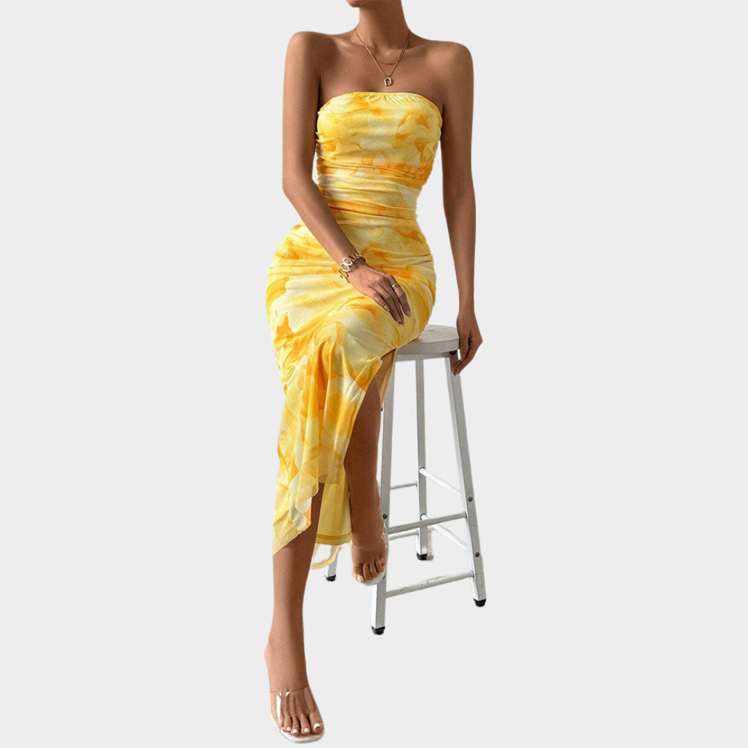 Women's High-Waisted Bodycon Dress – Strapless – Slim Fit – Printed – Yellow