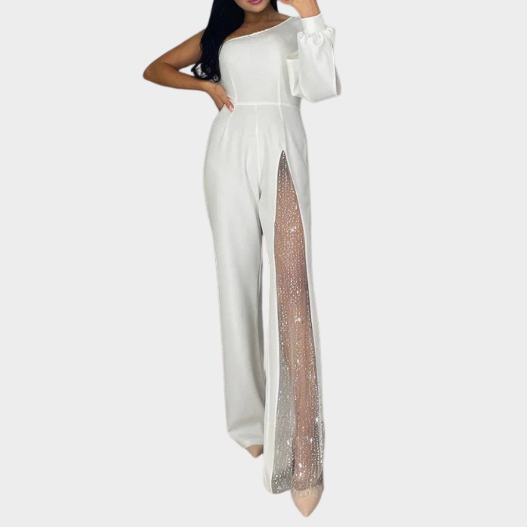 Women Jumpsuit – One Shoulder Sequin Romper with Skew Collar – High Waist Slim Fit – Thigh High Slit and Sheer Detailing – Elegant Party Evening Wear – Multiple Colours
