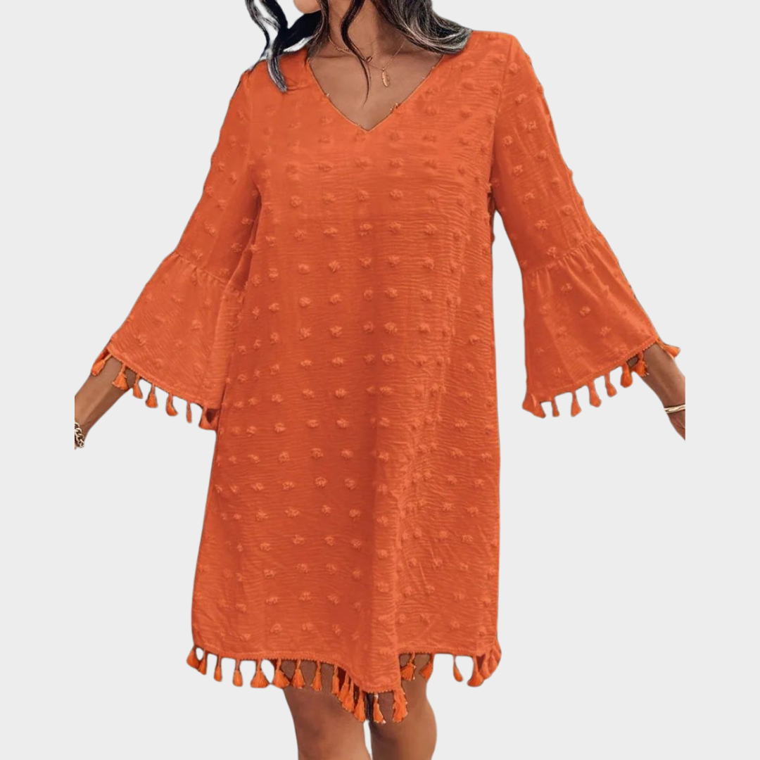 Women's V-Neck Fringe Mini Dress – Flared Sleeves – Loose Fit – Lightweight Fabric – Multiple Colours