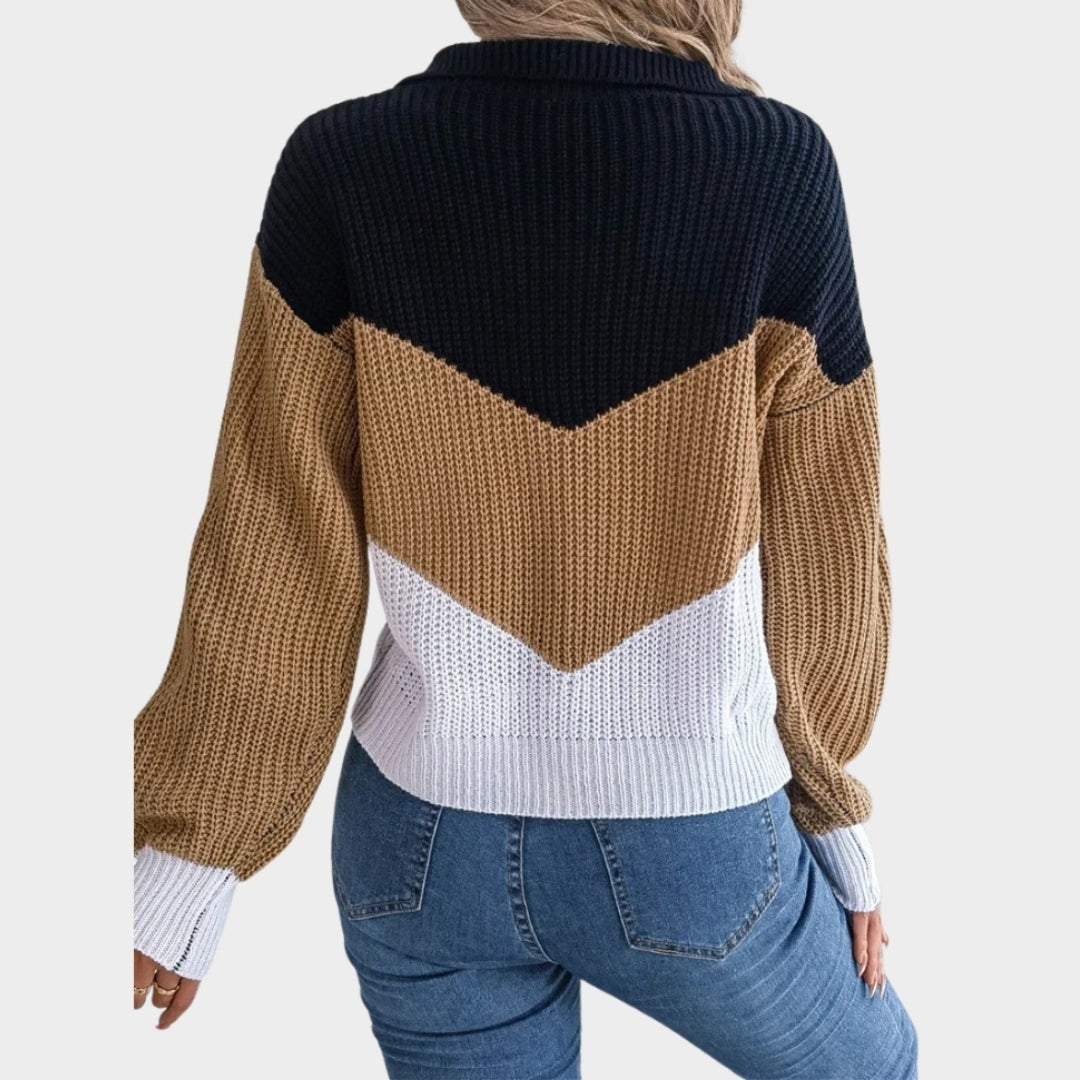 Autumn Winter Lapel Women’s Sweater - Thickened Warm Knit, Lantern Sleeve, Patchwork, Multi-Color