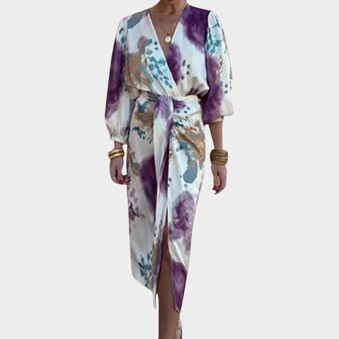 Women V-Neck Short Sleeve Maxi Dress – Waist Tie Office Fit with Slit – Solid Colour Elegant Design – Lightweight Fabric – Purple