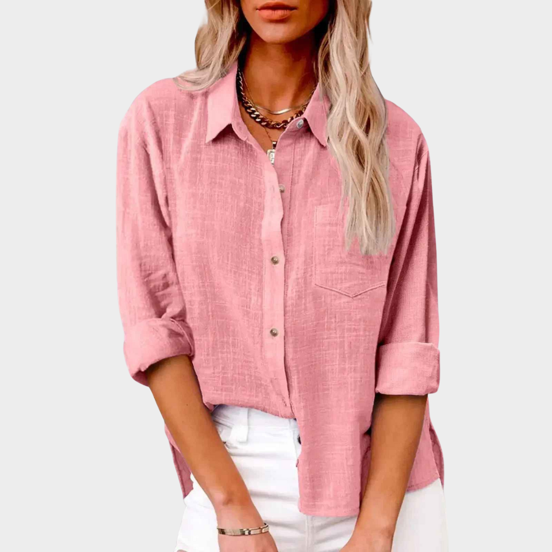 Women Long Sleeve Shirt – Cotton Linen Solid Colour Casual Fit Blouse – Multiple Colours