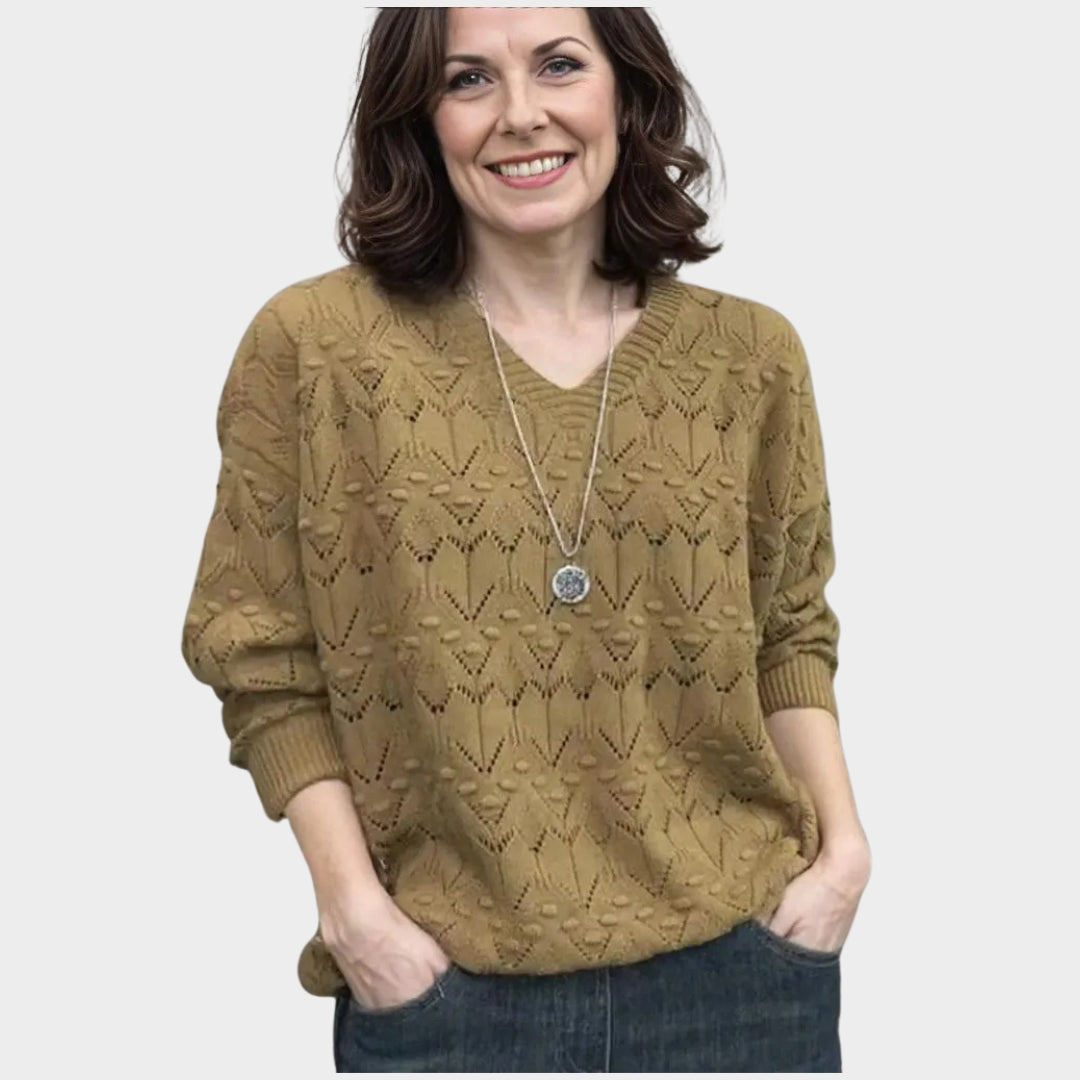 Women’s V-Neck Hollow Out Long Sleeve Knitted Sweater – Loose Fit Spring/Autumn in 5 Colors