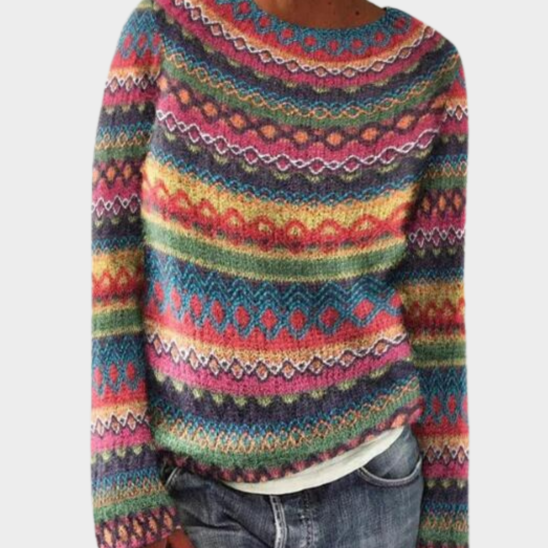 Striped Floral Sweater - Women's Vintage Crewneck Knitted Pullover - Long Sleeve - Multiple Colours