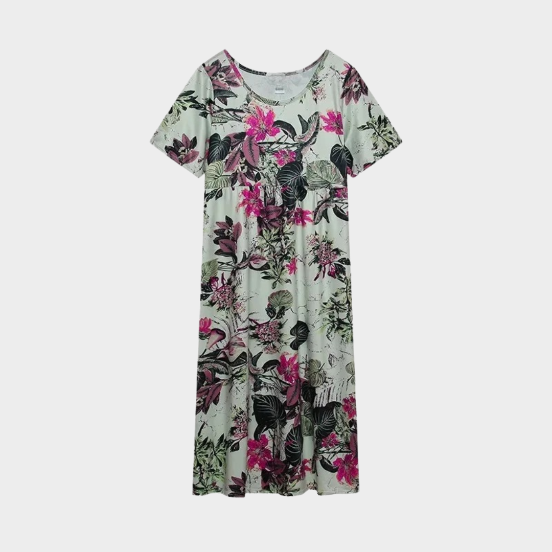 Women’s Vintage Floral Print Dress – Round Neck A-Line Fit with Short Sleeves – Lightweight and Flowy – Multiple Colours