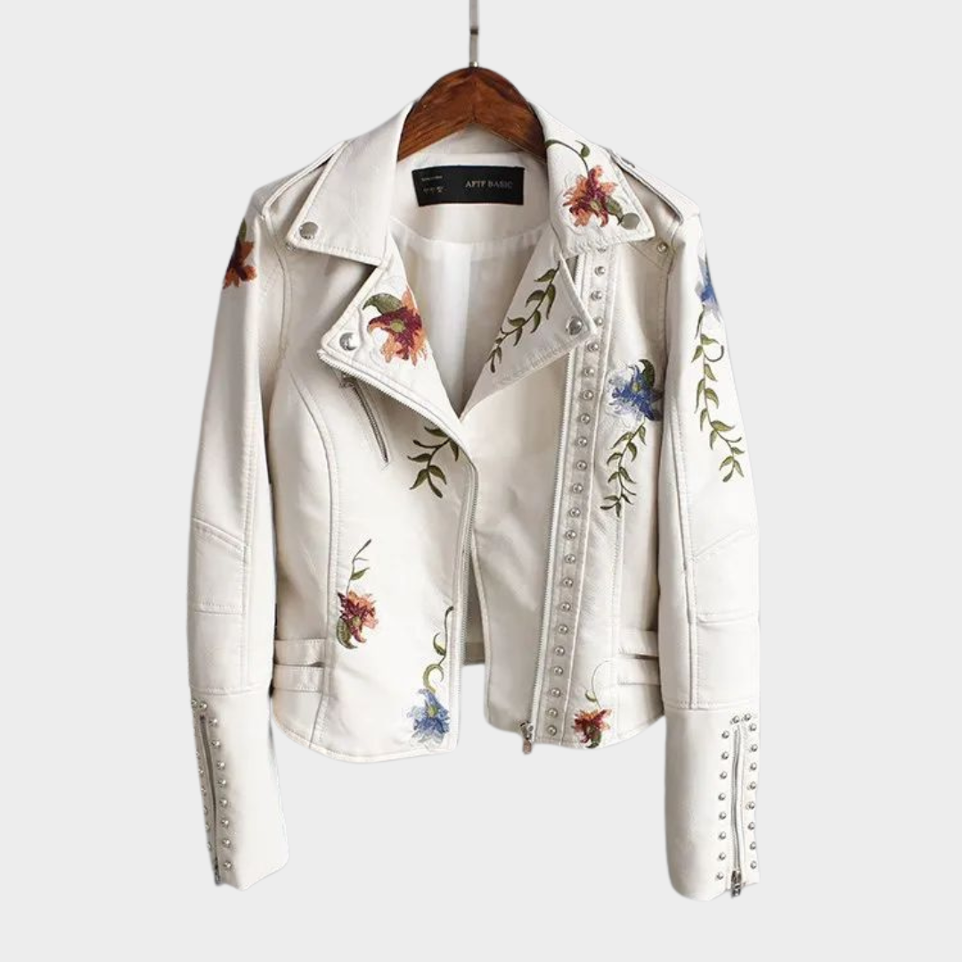 Women's Faux Leather Jacket – Floral Embroidery – PU Motorcycle Coat – Casual Outerwear – Multiple Colours