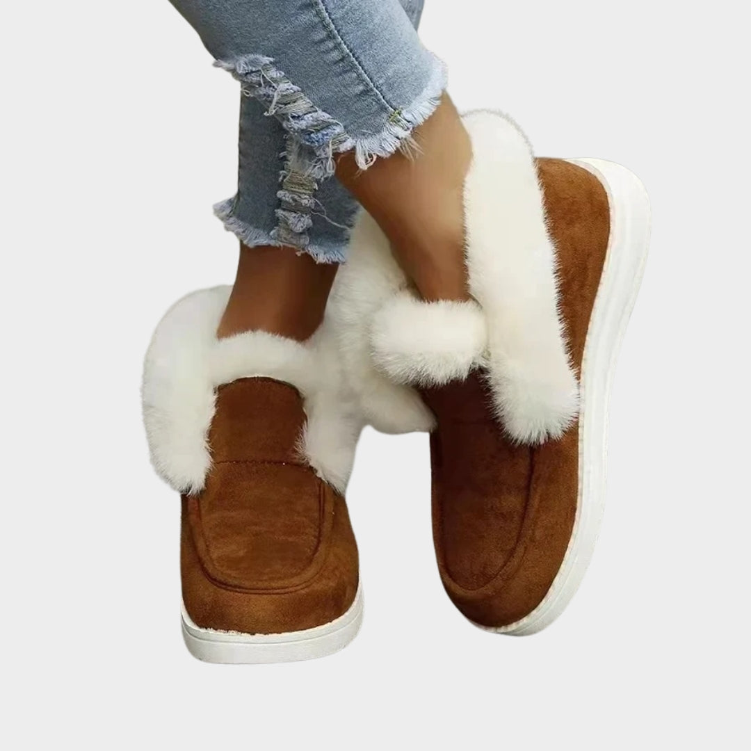Women’s Slip-On Ankle Boots - Winter Warm Plush Fur Snow Boots, Suede Footwear, Grey, Black, Brown