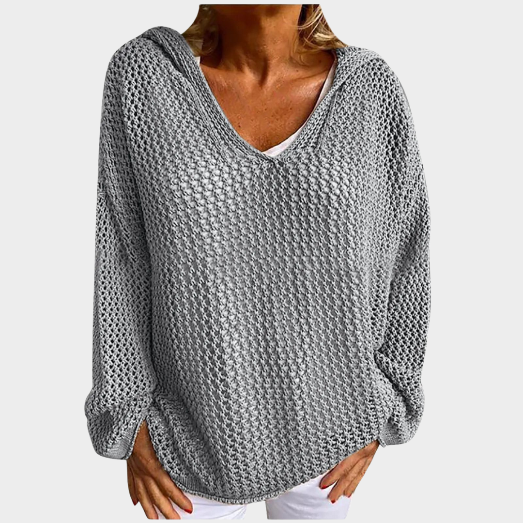 Women's V-Neck Hooded Pullover Sweater – Hollow Out Design – Long Sleeve – Lightweight & Comfortable – Multiple Colours