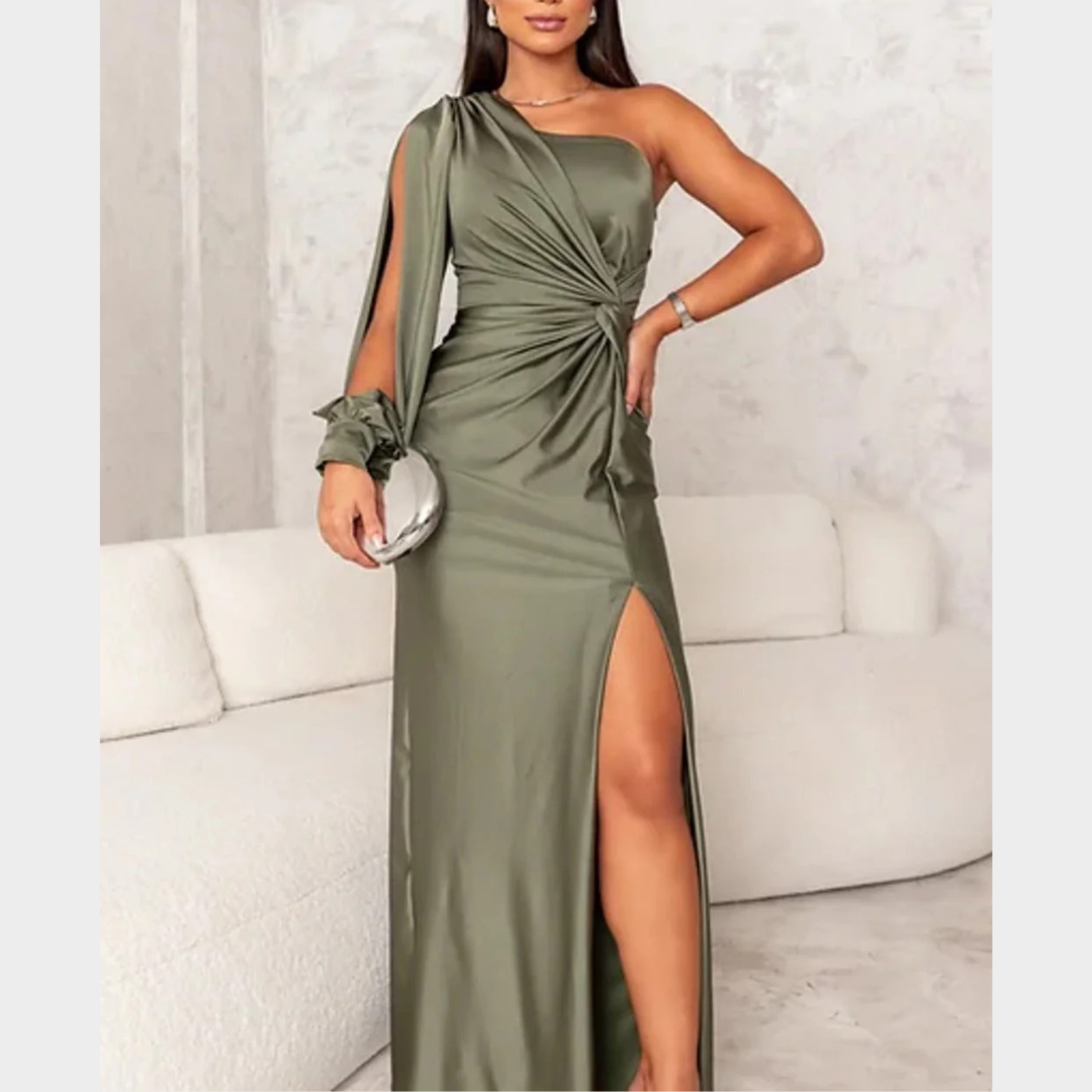 Women Evening Maxi Dress – Elegant Party Long Dress with Backless Split Design and Diagonal Collar Tight Waist Silhouette – Multiple Colours