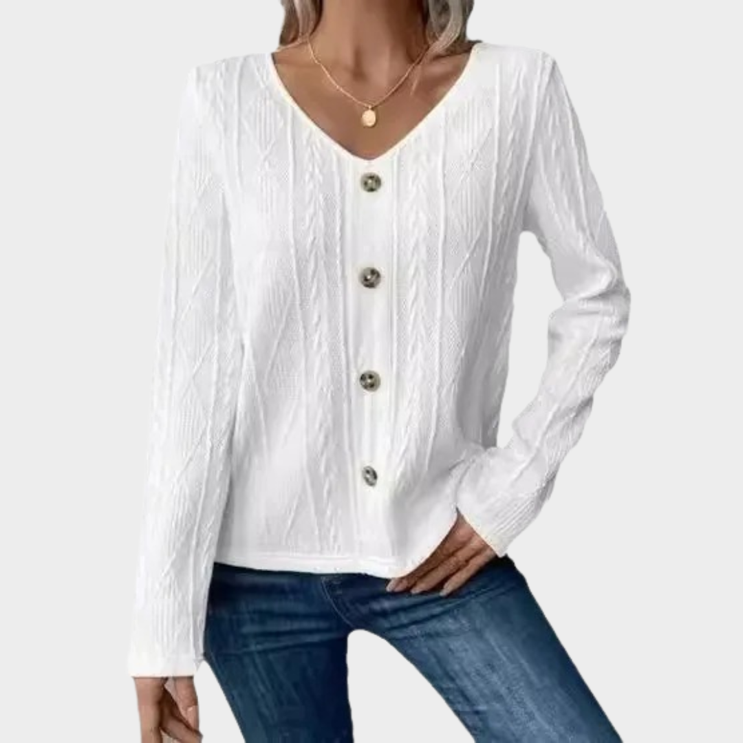 Women’s Long Sleeve Blouse – V-Neck Lace Crochet Top with Button-Down Front – Lightweight Casual Fit – White