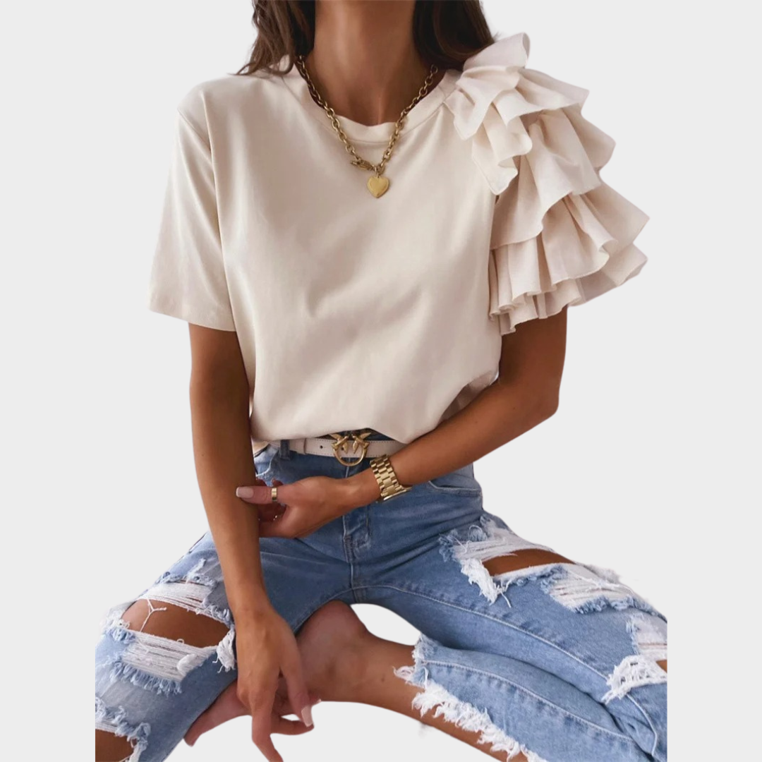 Women’s Ruffle Sleeve Loose Fit T-Shirt – Solid Colour O-Neck Casual Blouse – Lightweight Soft Fabric – Multiple Colours