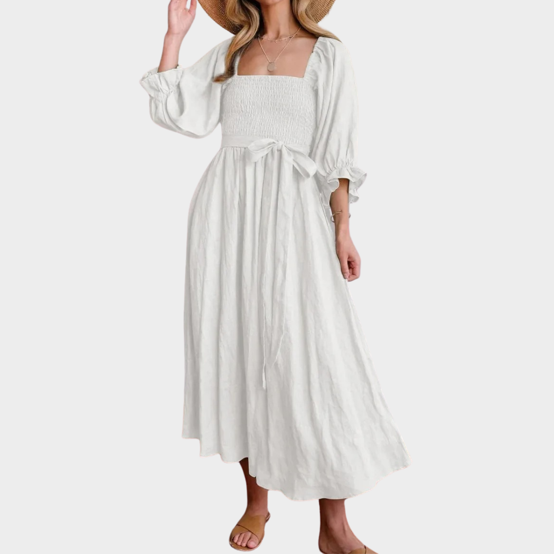 Women's A-Line Lantern Sleeve Dress – Square Neck – Tie Cord Waist – Ruffle Detail – Multiple Colours