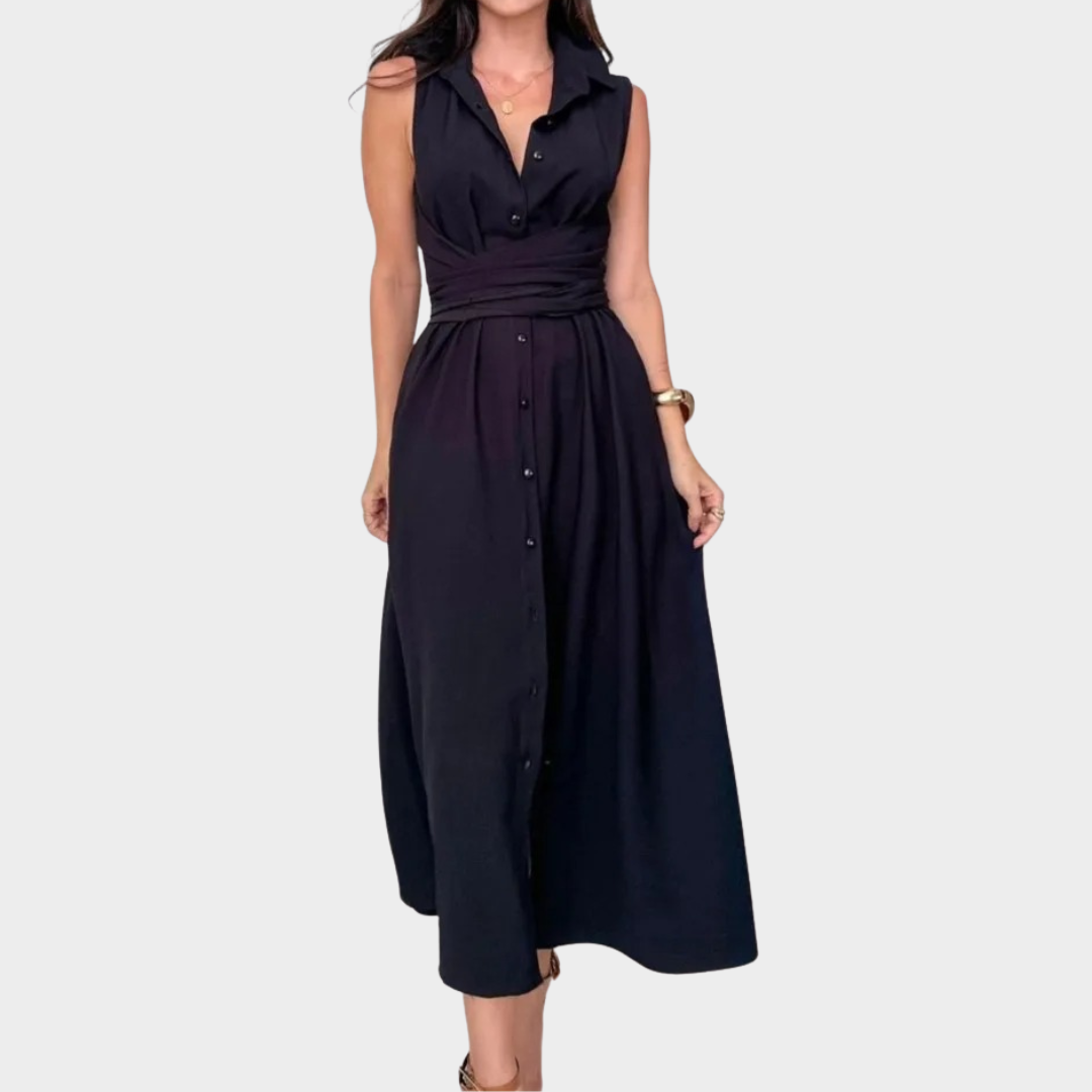 Women Shirt Dress – Sleeveless Lapel Design with Waist Tie and Button-Front – Multiple Colours