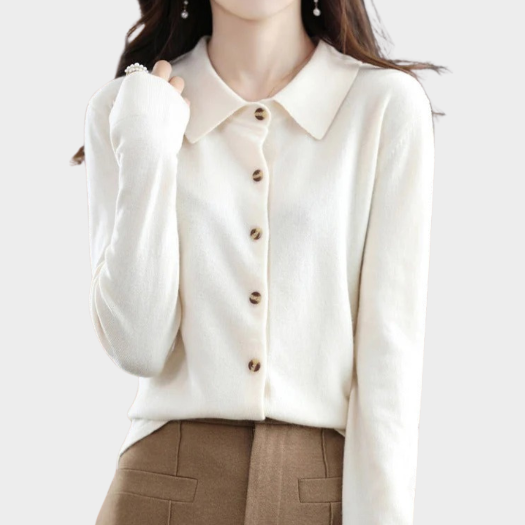 Women’s Merino Wool Cardigan – Soft Knit Polo Neck Sweater with Loose Fit Office Casual Top – Multiple Colours
