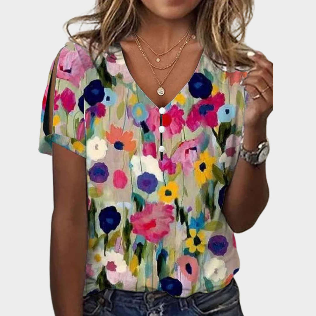 Women’s Floral Print Blouse – V-Neck Short Sleeve Shirt with Button Detail – Lightweight Cotton-Polyester Blend – Relaxed Fit – Multicolour