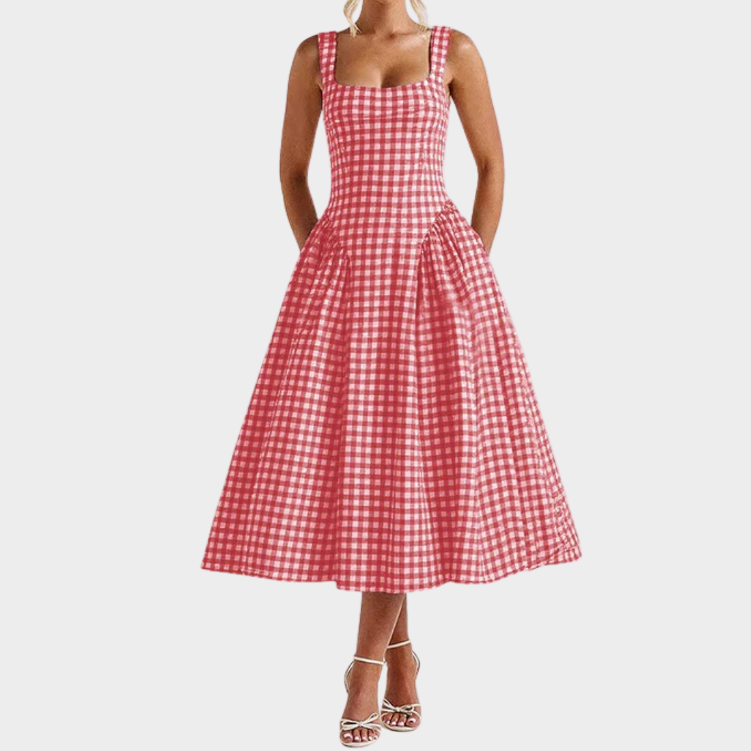 Women’s A-Line Maxi Dress – Square Neck Sleeveless Backless Princess Style – Elegant Plaid Design – Multiple Colours