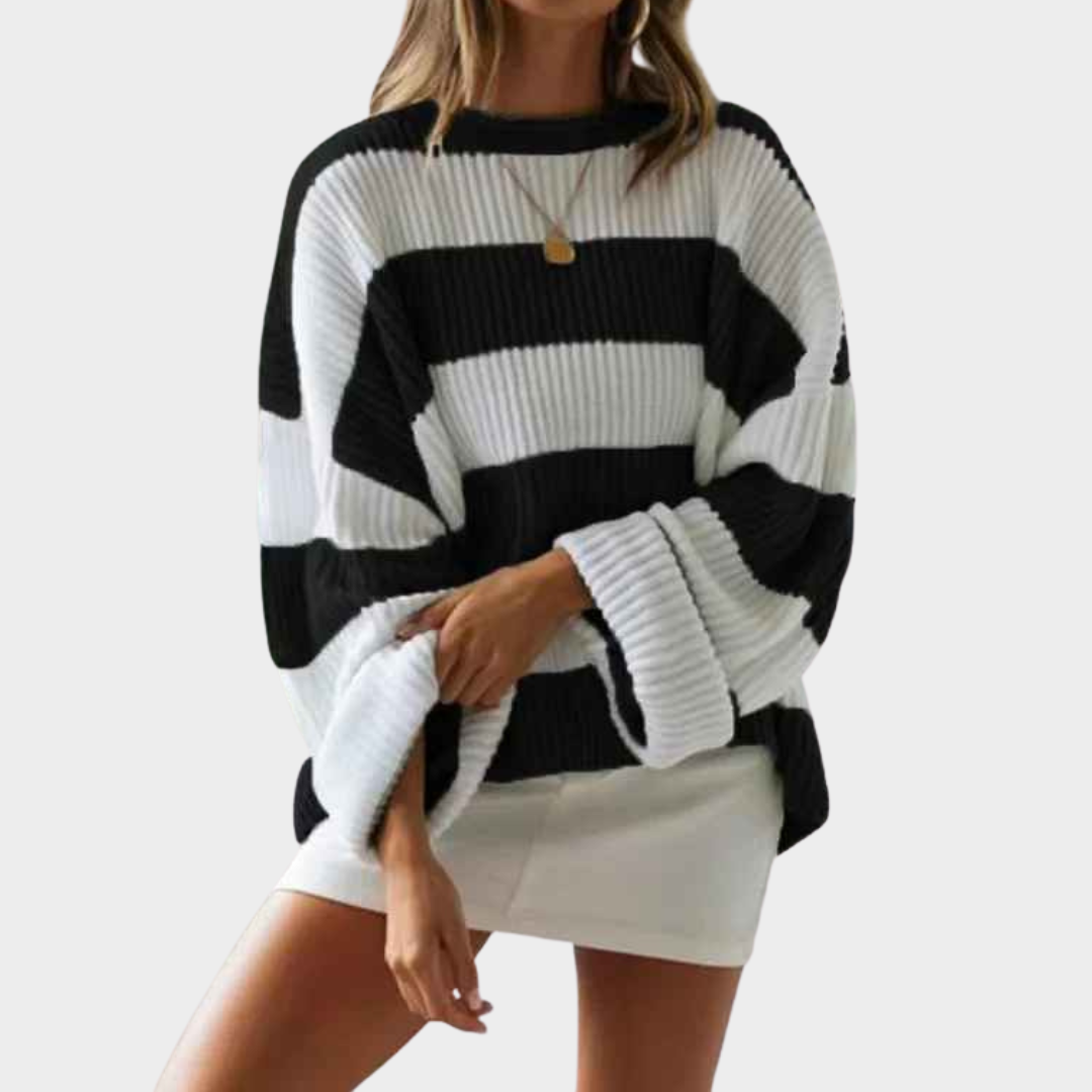 Women's Sweater – Stripe Knitted O-Neck Flared Sleeve Loose Fit Pullover – Multiple Colours