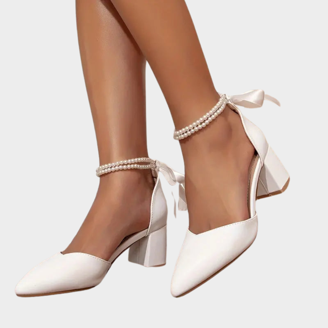 Women's High Heels – Elegant Design – Faux Leather – Faux Pearl Ankle Strap – White – Comfortable Fit