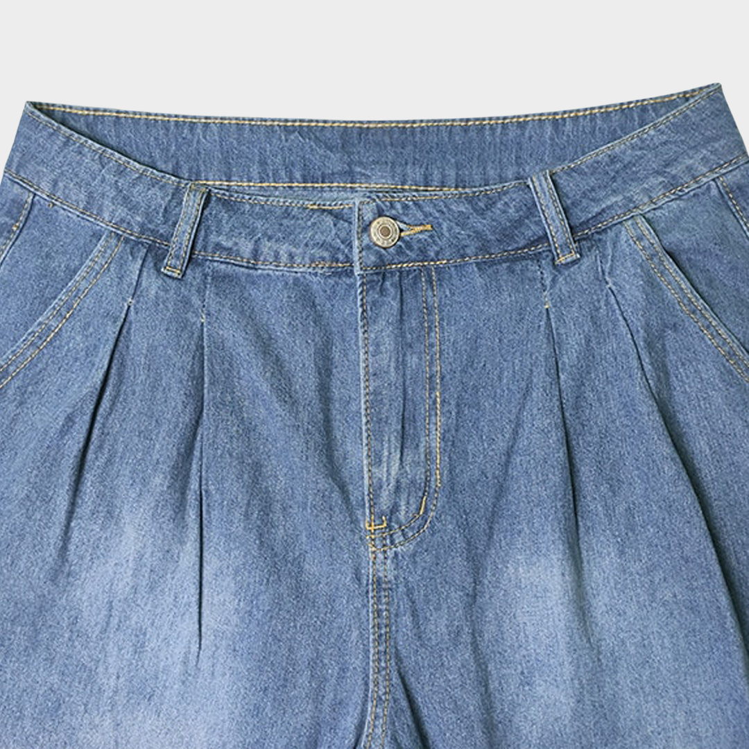 Women's Wide-Leg Jeans - High Waist - Distressed Denim - Loose Fit - Blue