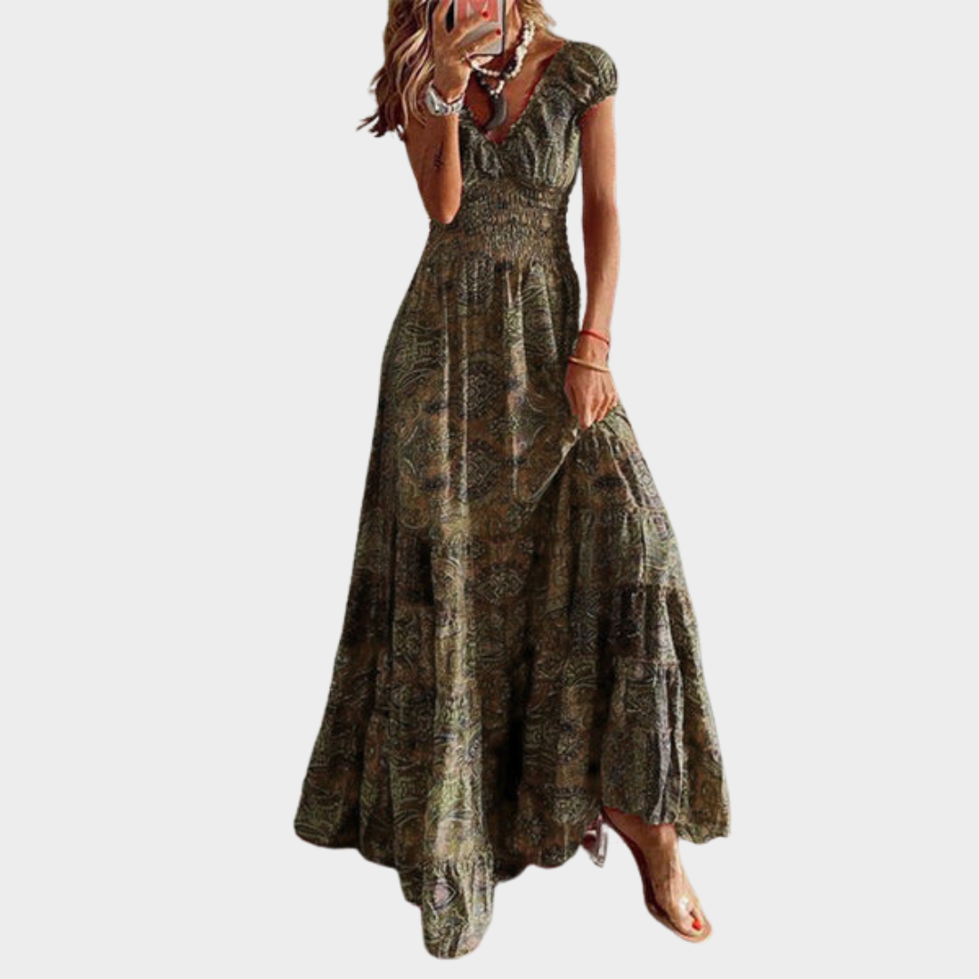 Women's Bohemian A-Line Dress – Floral Print – Petal Sleeves – Waistband – Multiple Colours