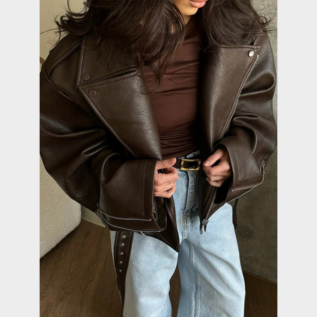 Women Motorcycle Jacket – PU Leather Short Coat – Lace Up Lapel Long Sleeve Outerwear – Casual Street Style – Brown