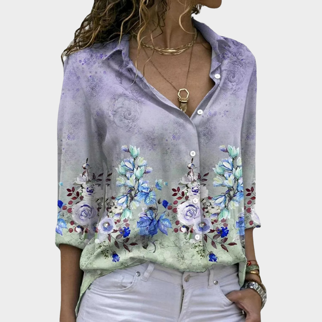 Women’s Floral Print Long Sleeve Shirt – Loose Fit Lightweight Button-Up Casual Blouse – Soft Collar Top – Multiple Colours