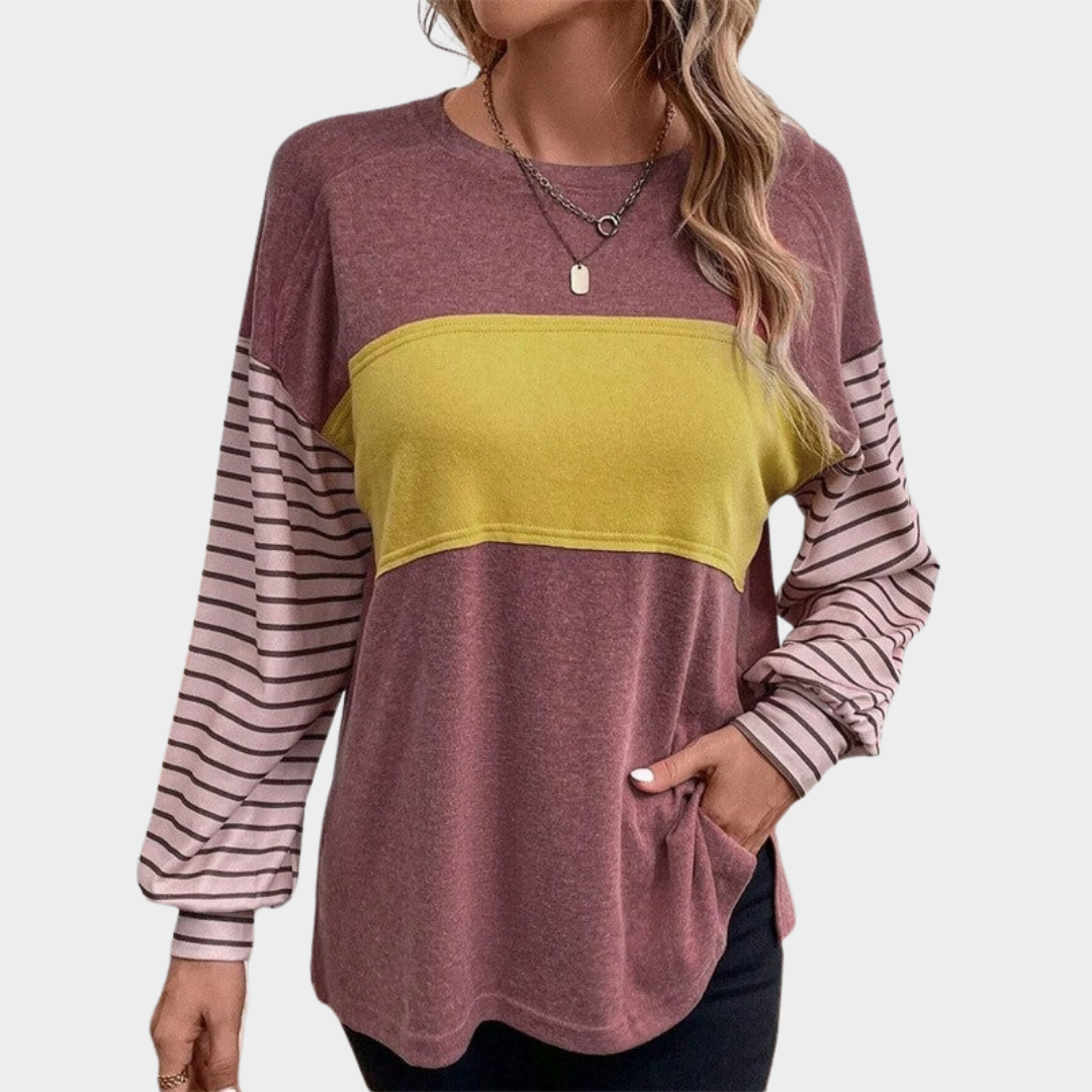 Women’s Oversized Fit Blouse – Long Sleeve Crew Neck Top with Colour Block Panels – Casual Everyday Style – Multiple Colours